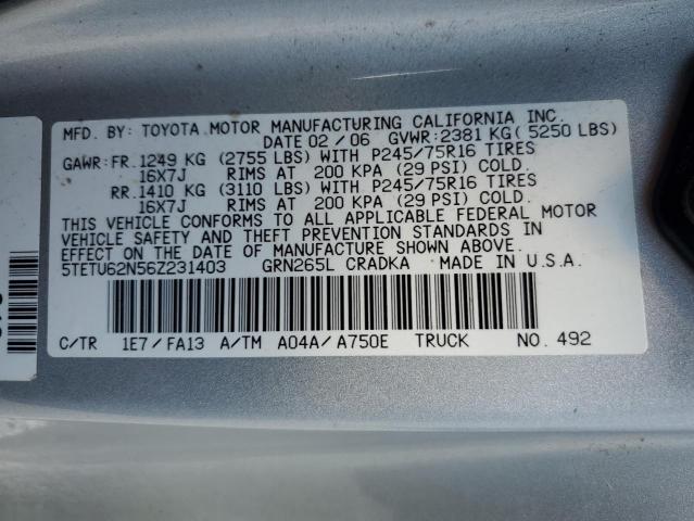 5TETU62N56Z231403 - 2006 TOYOTA TACOMA PRERUNNER ACCESS CAB SILVER photo 12