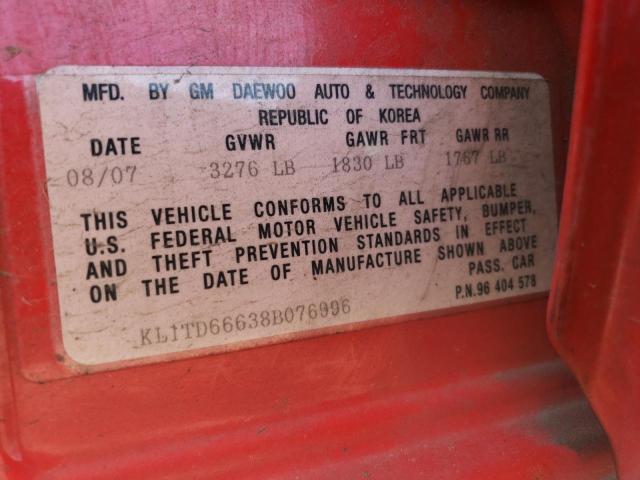 KL1TD66638B076996 - 2008 CHEVROLET AVEO BASE RED photo 12