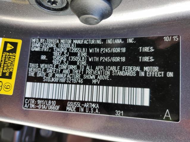 5TDJKRFH8FS219746 - 2015 TOYOTA HIGHLANDER XLE GRAY photo 13