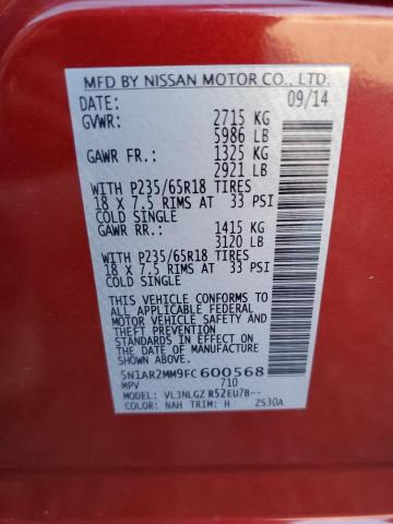 5N1AR2MM9FC600568 - 2015 NISSAN PATHFINDER S RED photo 14