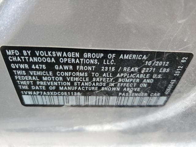 1VWAP7A3XDC051136 - 2013 VOLKSWAGEN PASSAT S ვერცხლისფერი ფოტო 12