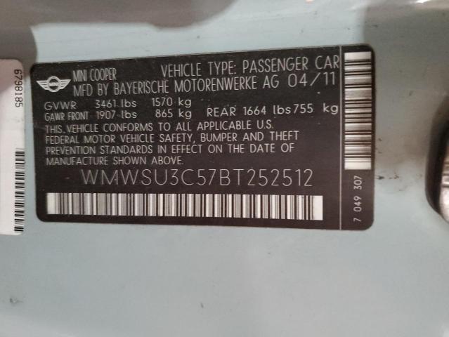 WMWSU3C57BT252512 - 2011 MINI COOPER BLUE photo 13