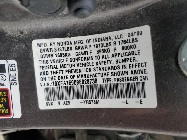 19XFA16959E028738 - 2009 HONDA CIVIC EXL GRAY photo 12