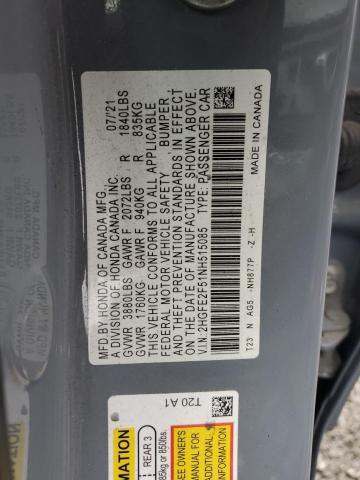 2HGFE2F51NH515085 - 2022 HONDA CIVIC SPORT 灰色 照片 12