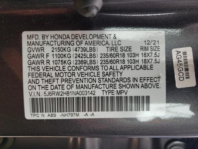 5J6RW2H81NA003142 - 2022 HONDA CR-V EXL GRAY photo 14