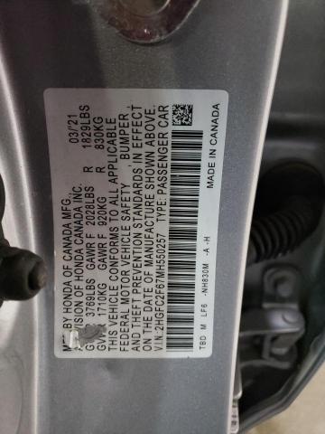 2HGFC2F67MH550257 - 2021 HONDA CIVIC LX SILVER photo 12