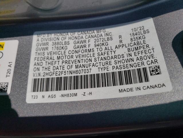 2HGFE2F51NH607037 - 2022 HONDA CIVIC SPORT SILVER photo 12