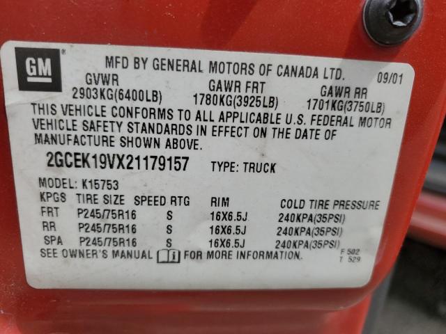 2GCEK19VX21179157 - 2002 CHEVROLET SILVERADO K1500 RED photo 12