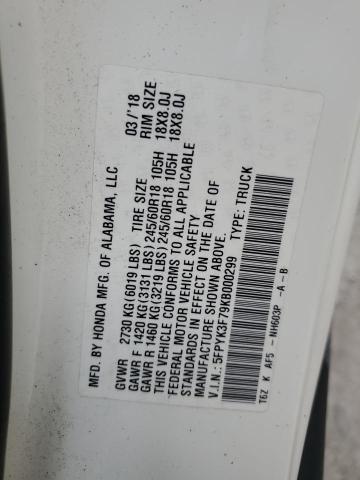 5FPYK3F79KB000299 - 2019 HONDA RIDGELINE RTL 白色 照片 13