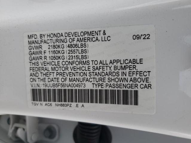 19UUB5F56NA004973 - 2022 ACURA TLX TECH A WHITE photo 12