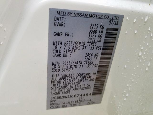 5N1DR2MN1JC674484 - 2018 NISSAN PATHFINDER S  photo 10