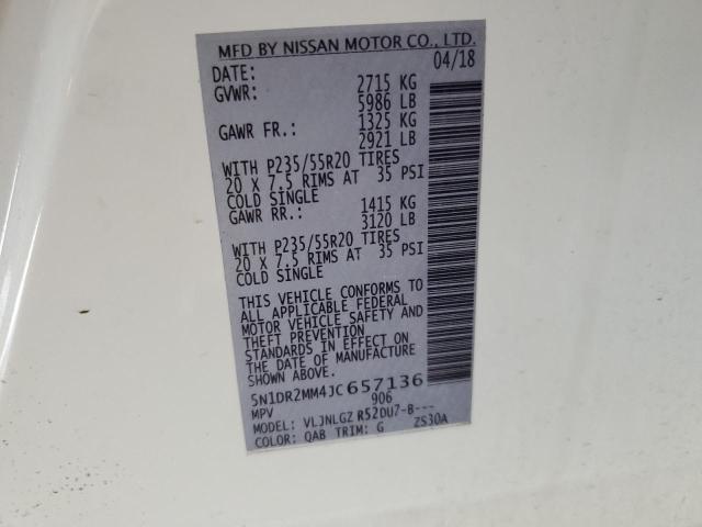 5N1DR2MM4JC657136 - 2018 NISSAN PATHFINDER S Beyaz fotoğraf 13