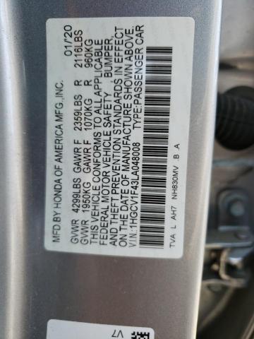 1HGCV1F43LA048008 - 2020 HONDA ACCORD EX SILVER photo 12