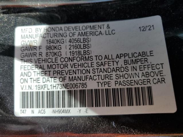 19XFL1H73NE006785 - 2022 HONDA CIVIC EXL ნაცრისფერი ფოტო 12