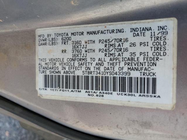 5TBRT3410YS043399 - 2000 TOYOTA TUNDRA ACCESS CAB ნაცრისფერი ფოტო 12