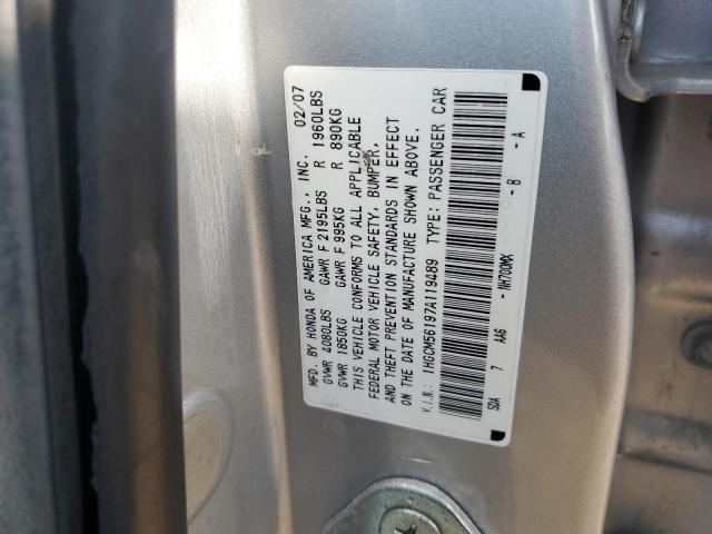 1HGCM56197A119489 - 2007 HONDA ACCORD VALUE SILVER photo 12