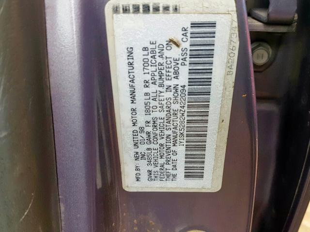 1Y1SK5282WZ422094 - 1998 CHEVROLET GEO PRIZM BASE  photo 10