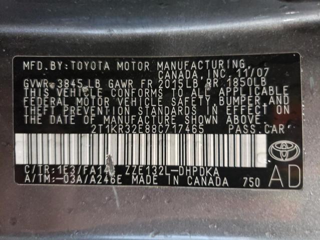 2T1KR32E88C717465 - 2008 TOYOTA COROLLA MA XR GRAY photo 12