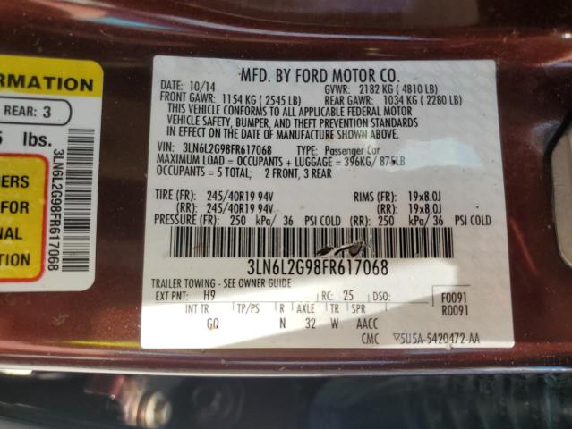 3LN6L2G98FR617068 - 2015 LINCOLN MKZ BURGUNDY photo 12