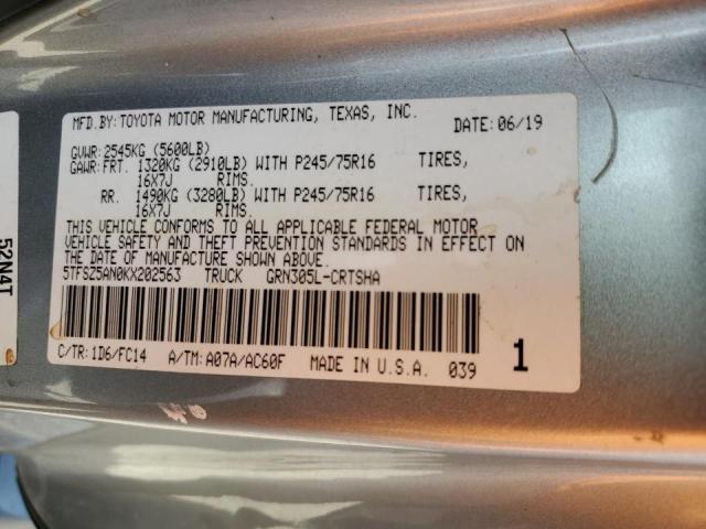 5TFSZ5AN0KX202563 - 2019 TOYOTA TACOMA ACCESS CAB ნაცრისფერი ფოტო 10