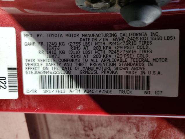 5TEJU62N46Z291308 - 2006 TOYOTA TACOMA DOUBLE CAB PRERUNNER BURGUNDY photo 12