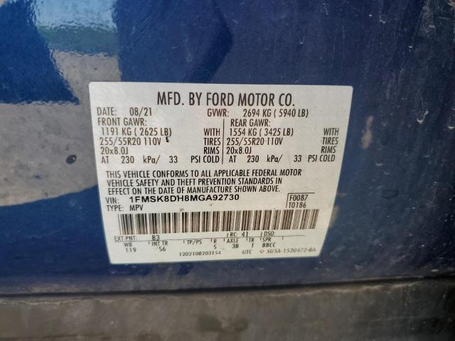 1FMSK8DH8MGA92730 - 2021 FORD EXPLORER XLT ლურჯი ფოტო 13