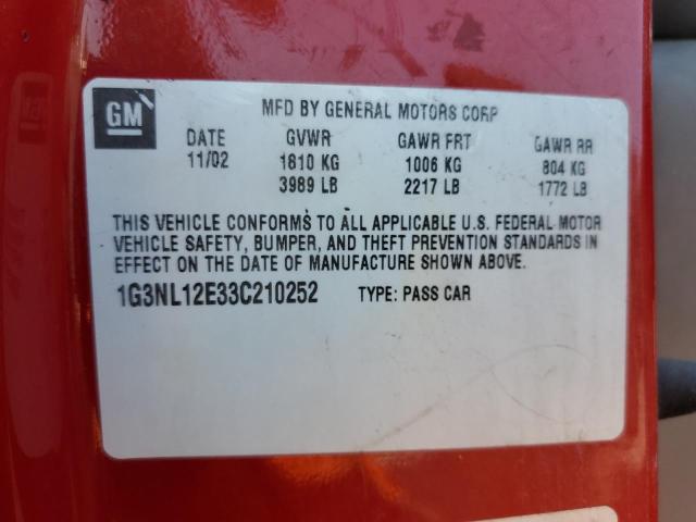 1G3NL12E33C210252 - 2003 OLDSMOBILE ALERO GL RED photo 10