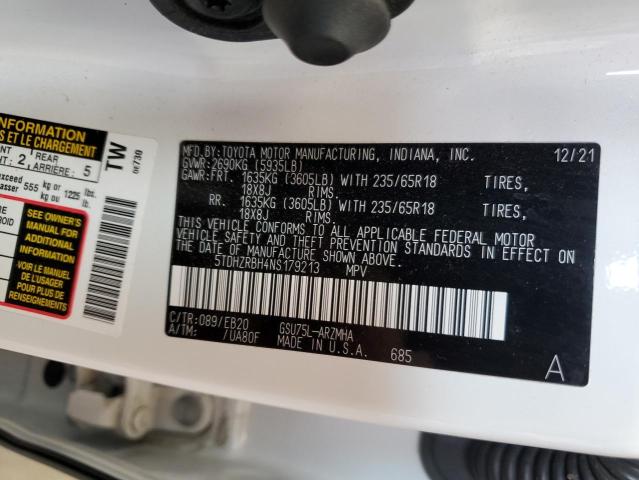 5TDHZRBH4NS179213 - 2022 TOYOTA HIGHLANDER XLE WHITE photo 13