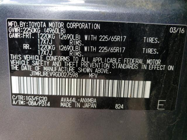 JTMRJREV9GD027598 - 2016 TOYOTA RAV4 HV XLE GRAY photo 13