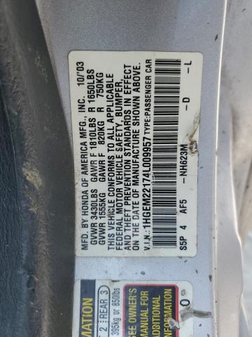 1HGEM22174L009957 - 2004 HONDA CIVIC DX VP Արծաթագույն լուսանկար 12