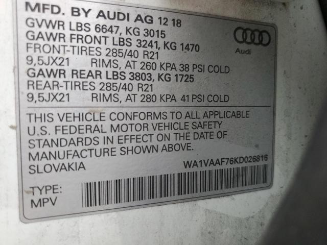 WA1VAAF76KD026816 - 2019 AUDI Q7 PRESTIGE WHITE photo 13