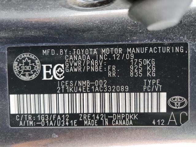 2T1KU4EE1AC332089 - 2010 TOYOTA COROLLA MA GRAY photo 12