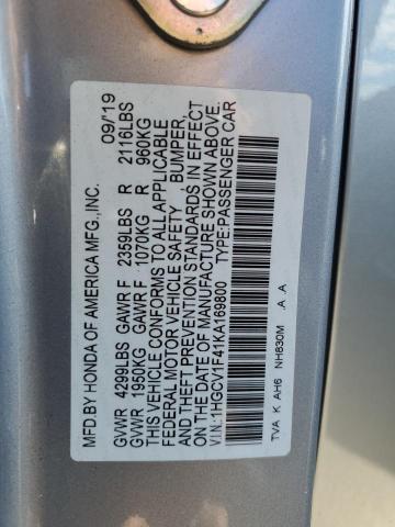 1HGCV1F41KA169800 - 2019 HONDA ACCORD EX SILVER photo 12