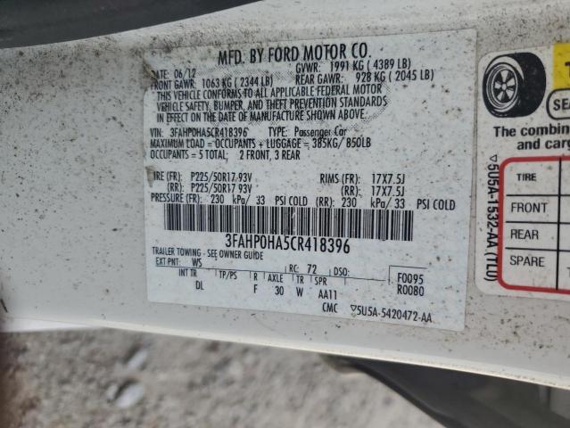 3FAHP0HA5CR418396 - 2012 FORD FUSION SE WHITE photo 12