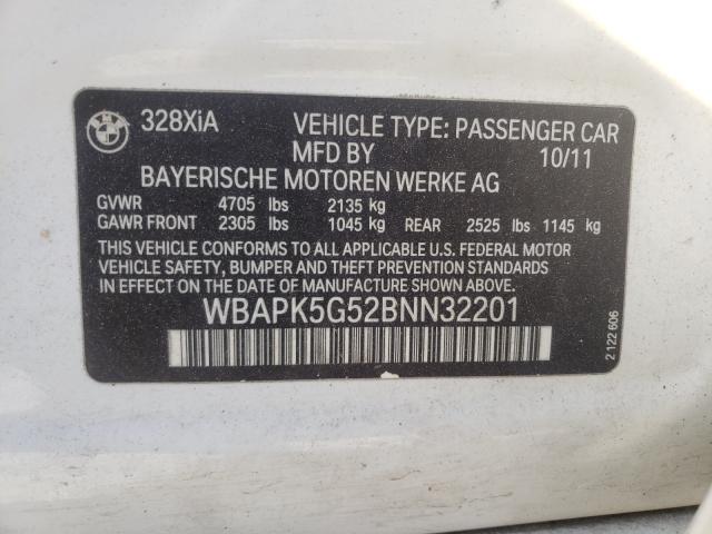 WBAPK5G52BNN32201 - 2011 BMW 328 XI SULEV WHITE photo 10