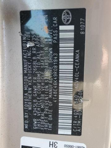 4T4BE46K49R081943 - 2009 TOYOTA CAMRY BASE BEIGE photo 12