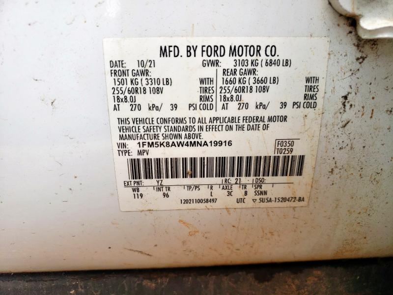 1FM5K8AW4MNA19916 - 2021 FORD EXPLORER POLICE INTERCEPTOR Սպիտակ լուսանկար 13