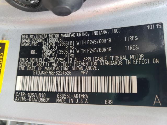 5TDJKRFH8FS224526 - 2015 TOYOTA HIGHLANDER XLE Gümüş foto 13