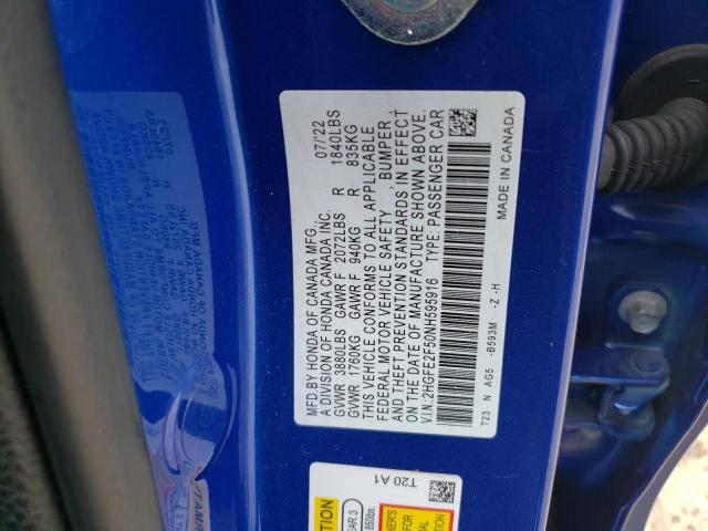 2HGFE2F50NH595916 - 2022 HONDA CIVIC SPORT 蓝色 照片 12