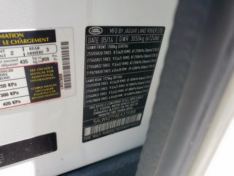 SALWV2TF8EA375068 - 2014 LAND ROVER RANGE ROVE AUTOBIOGRAPHY WHITE photo 12