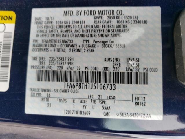 1FA6P8TH1J5106733 - 2018 FORD MUSTANG BLUE photo 12