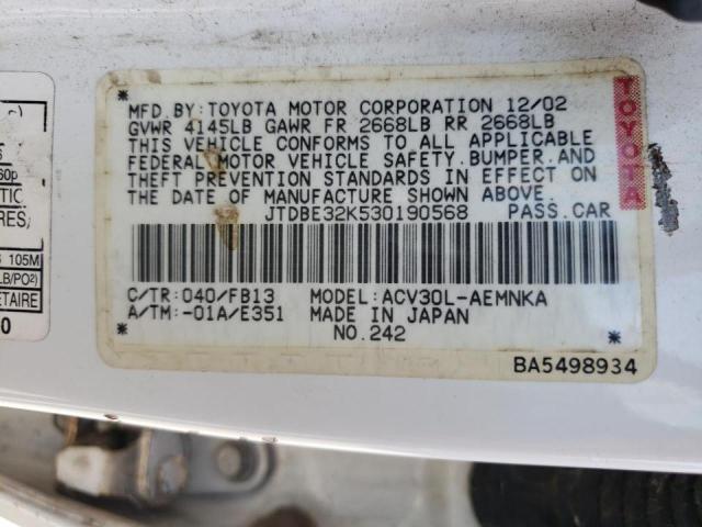 JTDBE32K530190568 - 2003 TOYOTA CAMRY LE WHITE photo 10