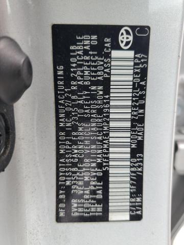 5YFEPMAE1MP219614 - 2021 TOYOTA COROLLA LE SILVER photo 12