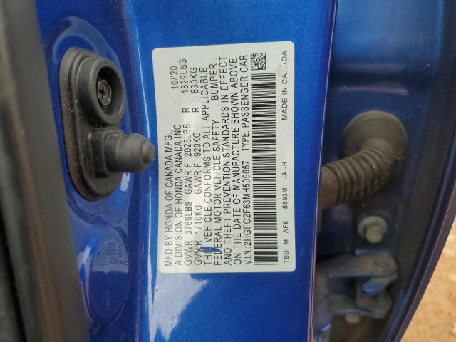 2HGFC2F63MH509057 - 2021 HONDA CIVIC LX Көк фото 12