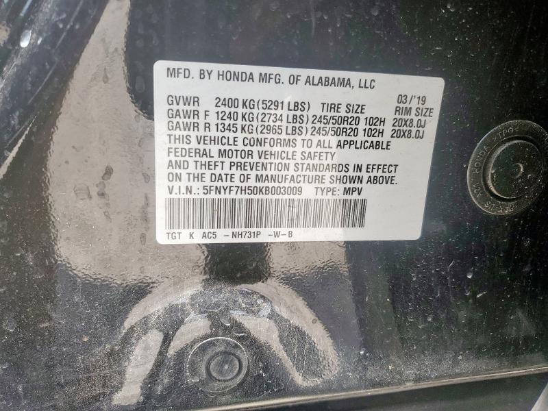 5FNYF7H50KB003009 - 2019 HONDA PASSPORT EXL أسود صورة 13