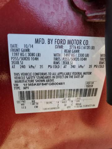 1FM5K8F84FGB00481 - 2015 FORD EXPLORER LIMITED RED photo 13