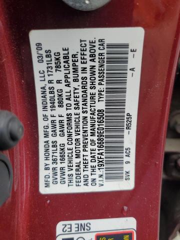 19XFA16689E016508 - 2009 HONDA CIVIC LX-S RED photo 12