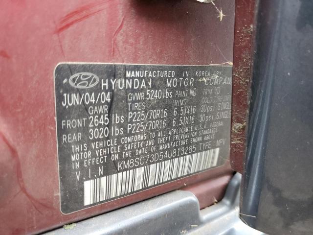 KM8SC73D54U813285 - 2004 HYUNDAI SANTA FE GLS BURGUNDY photo 10