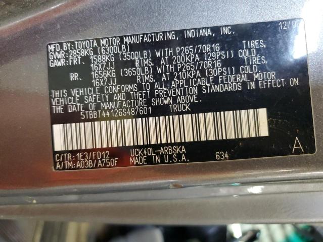 5TBBT44126S487601 - 2006 TOYOTA TUNDRA ACCESS CAB SR5 GRAY photo 12