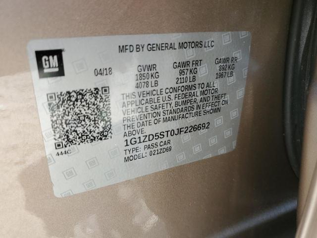 1G1ZD5ST0JF226692 - 2018 CHEVROLET MALIBU LT TAN photo 12